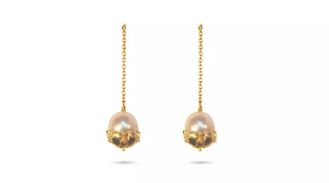 Cultured Pearl Gold Petals Drop Earrings 