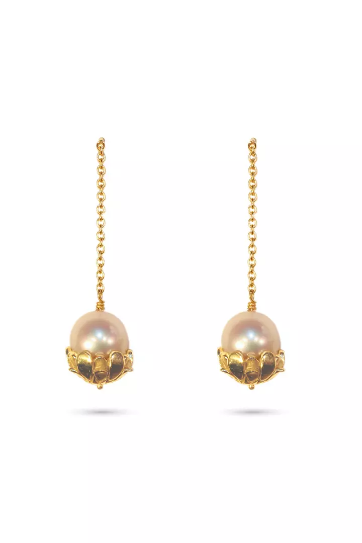 Cultured Pearl Gold Petals Drop Earrings 
