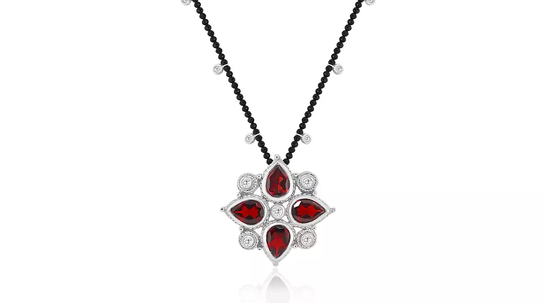 Red Garnet and Natural Diamonds Pendant Necklace
