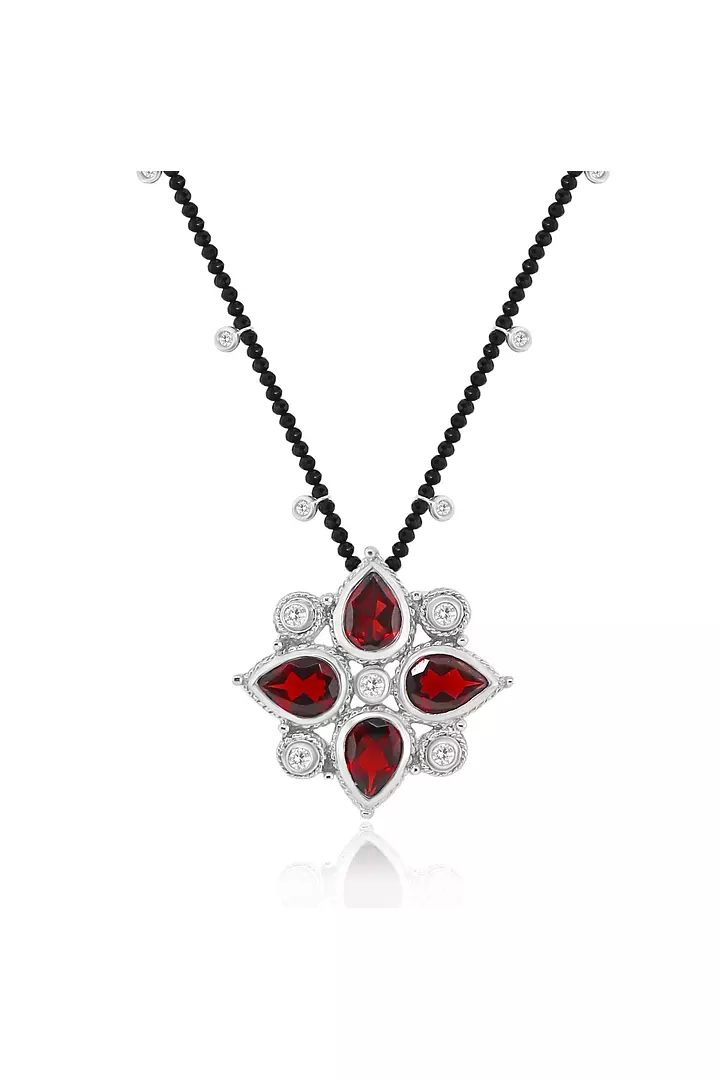 Red Garnet and Natural Diamonds Pendant Necklace