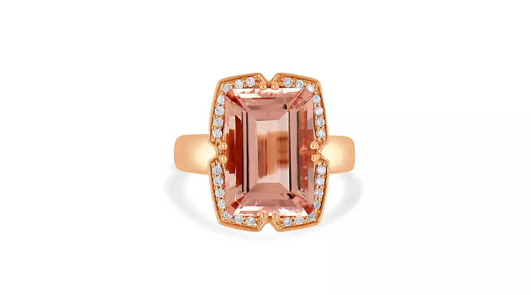 Emerald Shaped Morganite and Diamonds Cocktail Ring