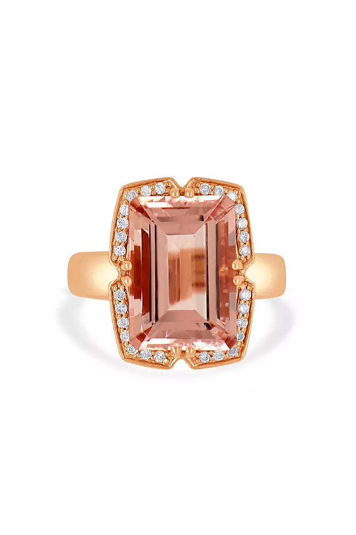 Emerald Shaped Morganite and Diamonds Cocktail Ring