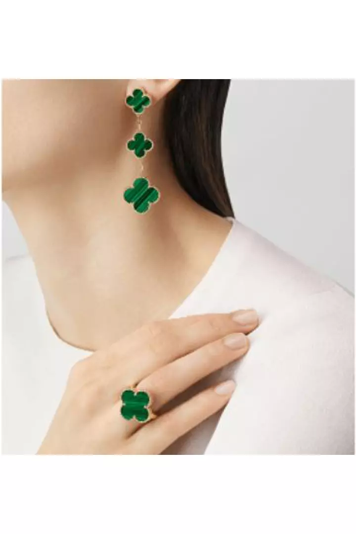 Van Cleef Triple Alhambra Green Malachite Earrings