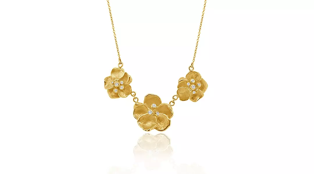 Triple Flower Yellow Gold Diamond Necklace