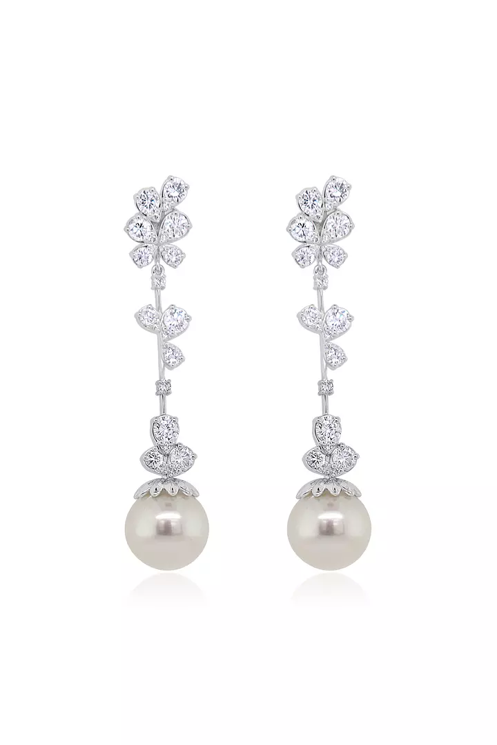Diamond and Pearls Cascading Flowers Drop Earrings