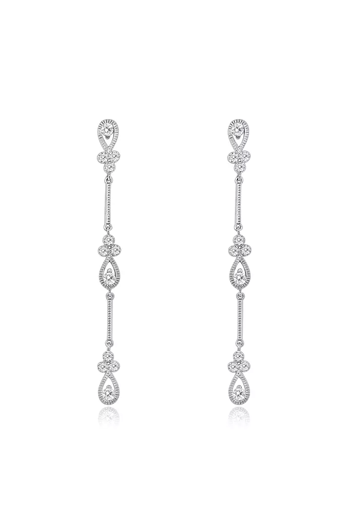 Diamond Bar Earrings with Pear Shaped Diamond Florette Drops