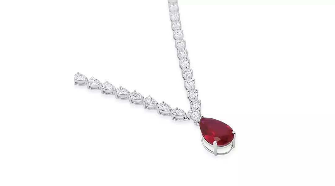 Pear Shaped Diamond Tennis Necklace with a Ruby Drop Pendant