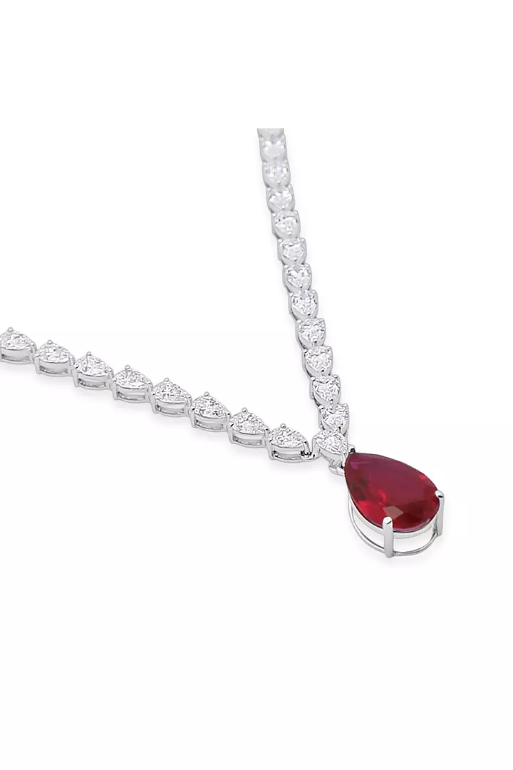 Pear Shaped Diamond Tennis Necklace with a Ruby Drop Pendant