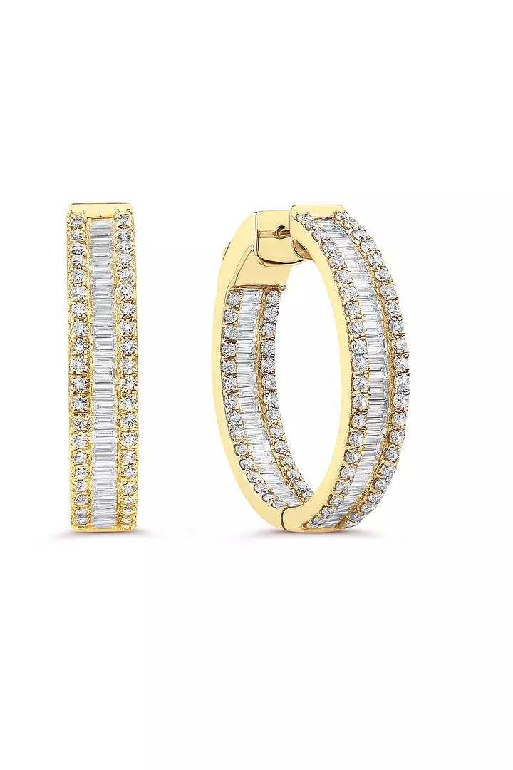Yellow Gold Baguette Eco Diamonds Hoop Earrings