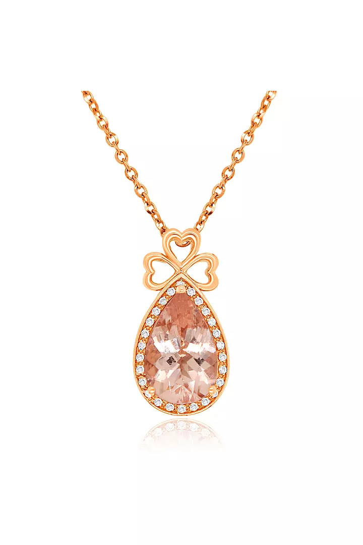 Teardrop Pear Shaped Morganite and Diamonds Pendant Necklace