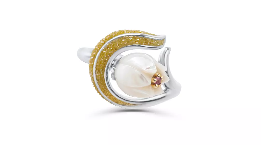 Galaxea  Pearl and Ruby Tulip Cocktail Ring
