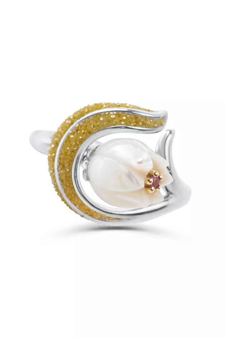 Galaxea  Pearl and Ruby Tulip Cocktail Ring