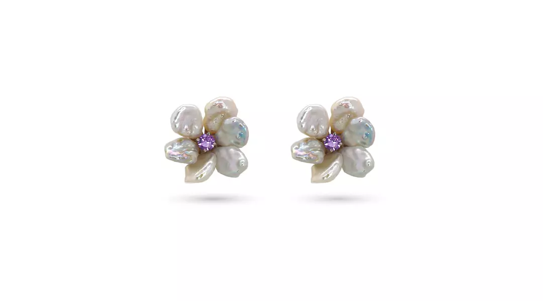 Keshi Pearls Petal Earrings with Amethyst Colored Crystal Center