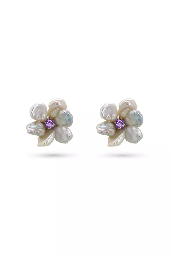 Keshi Pearls Petal Earrings with Amethyst Colored Crystal Center