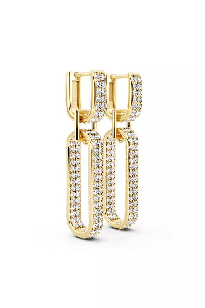 Pave Eco Diamonds Straight Link Double Hoop Drop Earrings