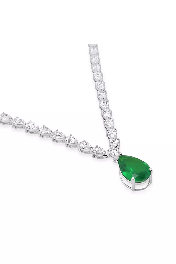 Pear shaped Eco Diamond Tennis Necklace with Emerald Drop